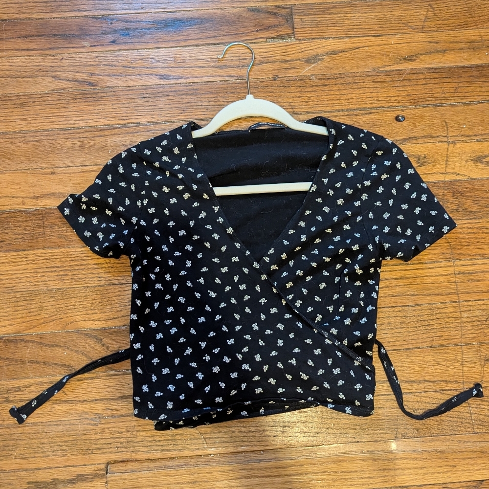 Brandy Melville Navy Blue Wrap Top with White Floral Pattern